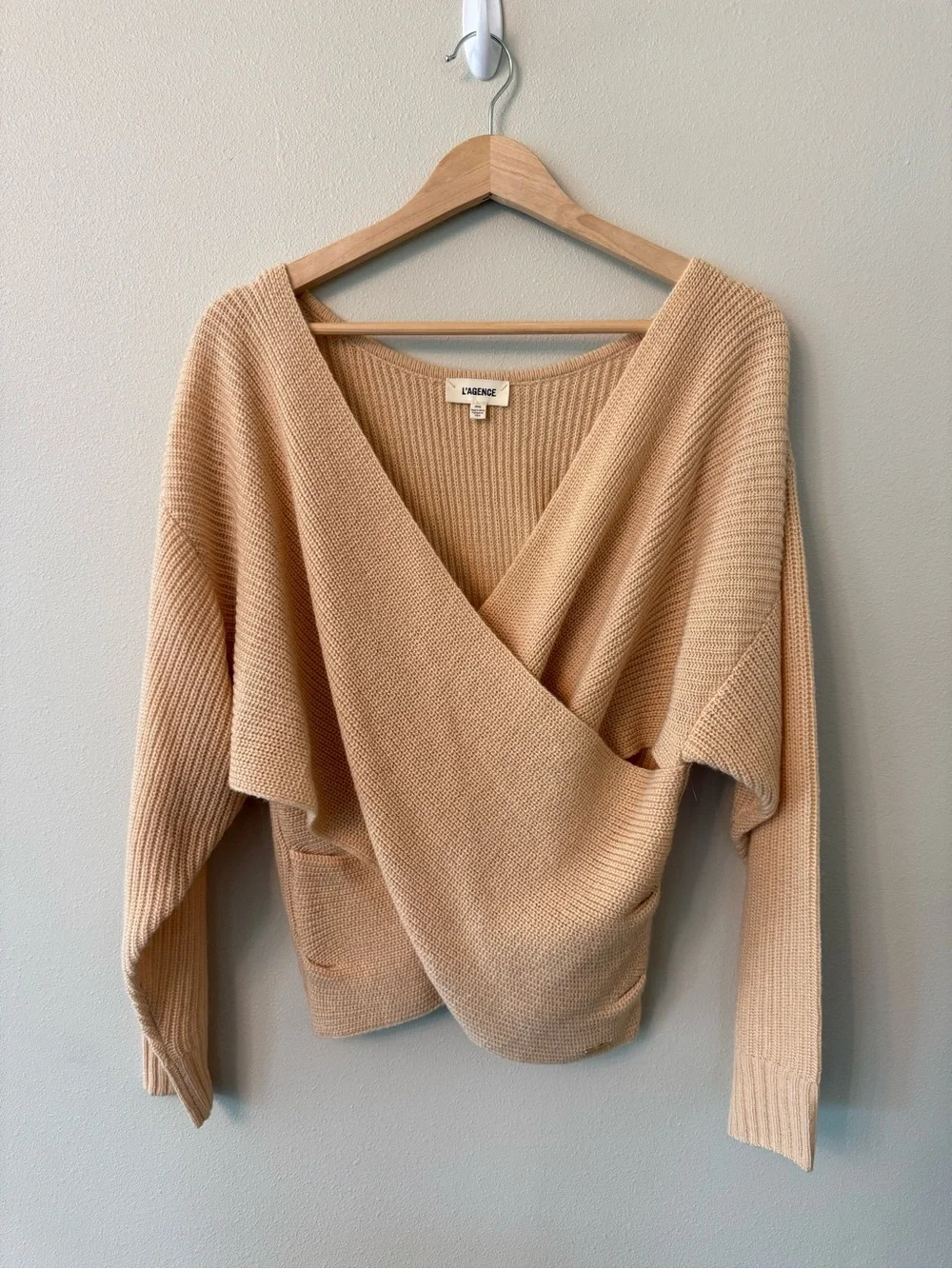 L'AGENCE Antonella Crossover Wrap Sweater Tan Sand Size M Wool Blend Knit